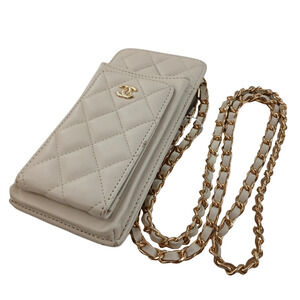 Chanel O Case Leather Phone Bag Purse Ivory Quilted Gold Chain Ladies Crossbody